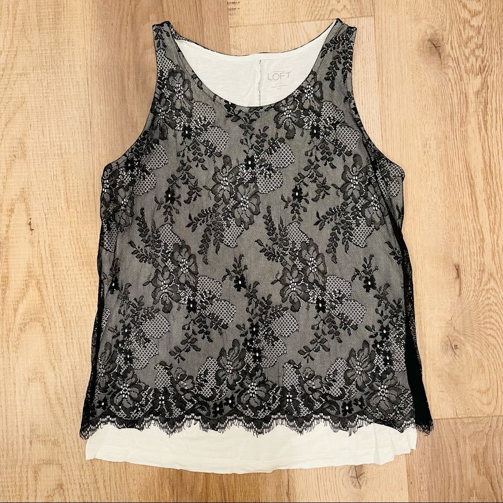 Ann Taylor LOFT sleeveless black lace floral blouse